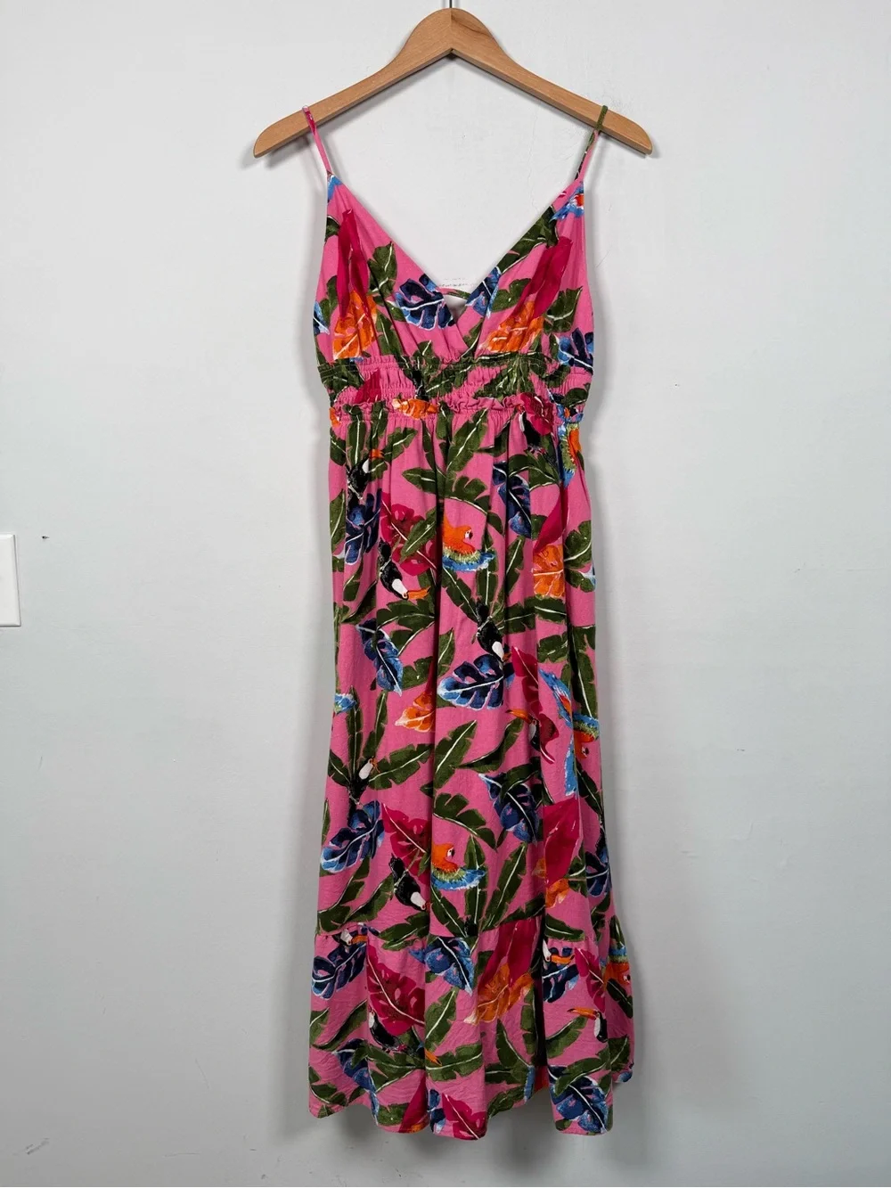 By The River Pink Tropical Palm Bird Print Midi Dress, Size L Great Condition